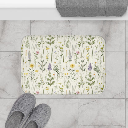Floral Bath Mat, Wild Flower Designed Bath Mat, Purple and Yellow Floral Bathroom Decor