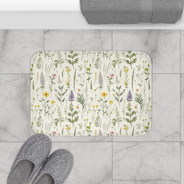 Floral Bath Mat, Wild Flower Designed Bath Mat, Purple and Yellow Floral Bathroom Decor