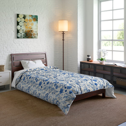 Blue Toile Floral Comforter - Cozy Bedding for Modern Bedrooms, Flower Pattern Bedspread, Spring Decor, Gift for Her