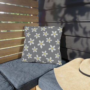 white daisies on gray outdoor throw pillow