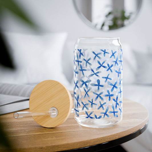 Pastel Blue Flowers 16oz Glass with Lid and Straw