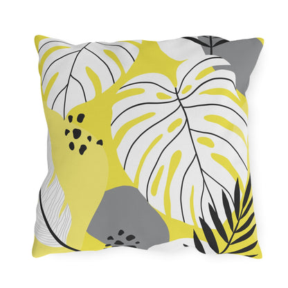 Yellow and White Palm Leaf Flora - Outdoor Throw Pillow