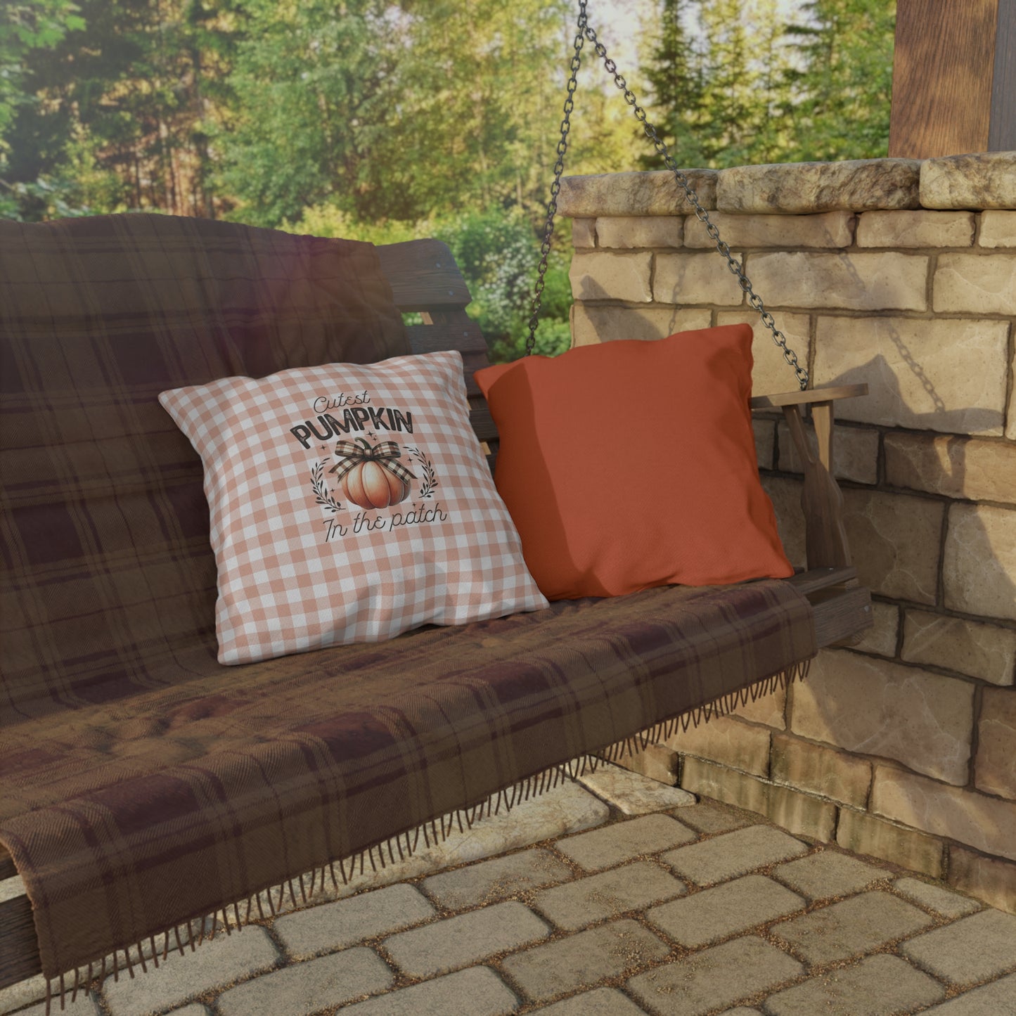 Cutest Pumpkin in the Patch Plaid Outdoor Pillow — Fall Gingham Decorative Pillow