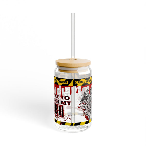 True Crime Lover, 16oz Glass, Alibi Iced Can Glass, Crime Lover Cup, Glass Jar with Lid and Straw, 16oz Glass Cup, Libbey Cup