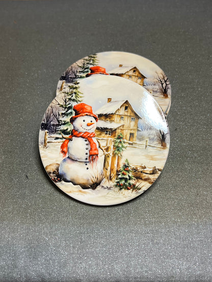 Christmas Snowman Coasters Set | 4” Ceramic Holiday Table Accents