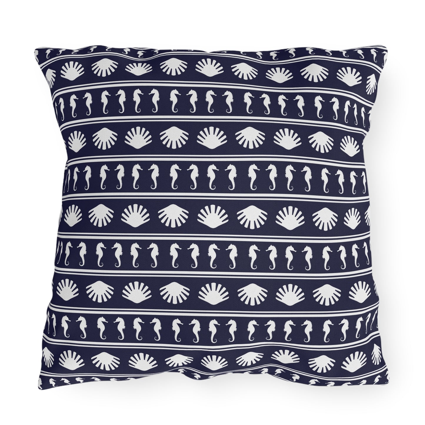 Navy Blue and White Seahorses and Shells Outdoor Pillow