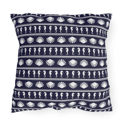 Navy Blue and White Seahorses and Shells Outdoor Pillow