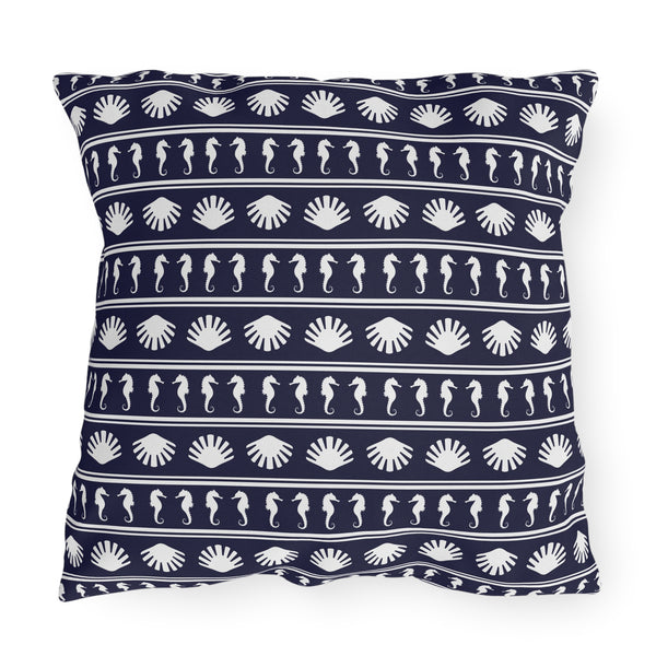 Navy Blue and White Seahorses and Shells Outdoor Pillow