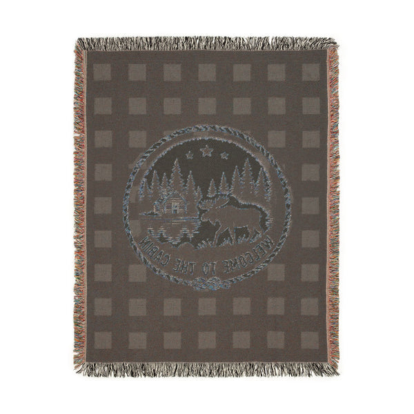 Welcome to the Cabin Woven Blanket | Moose, Log Cabin & Lake Buffalo Plaid Throw | Rustic Lodge Decor | Fall & Winter Gift