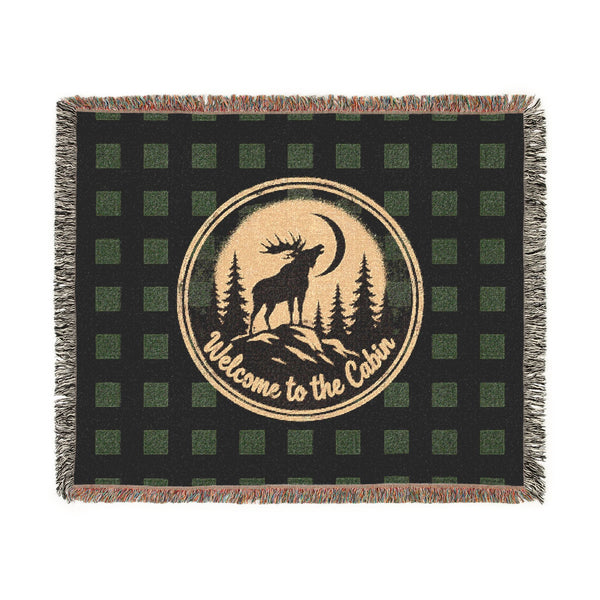 Welcome to the Cabin Woven Blanket | Moose & Pine Tree Buffalo Plaid Throw | Rustic Lodge Cabin Decor | Fall & Winter Gift