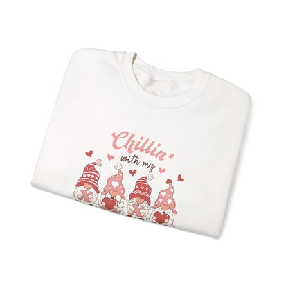 Chillin With My Gnomies Sweatshirt Women’s Valentine’s Day Gnome Crewneck Cute XOXO Heart Pullover Funny Galentine’s Gift