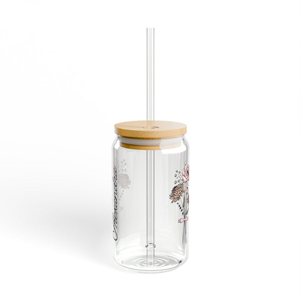 Personalized November Flower 16oz Can Glass - Stylish Sipper with Bamboo Lid and Straw