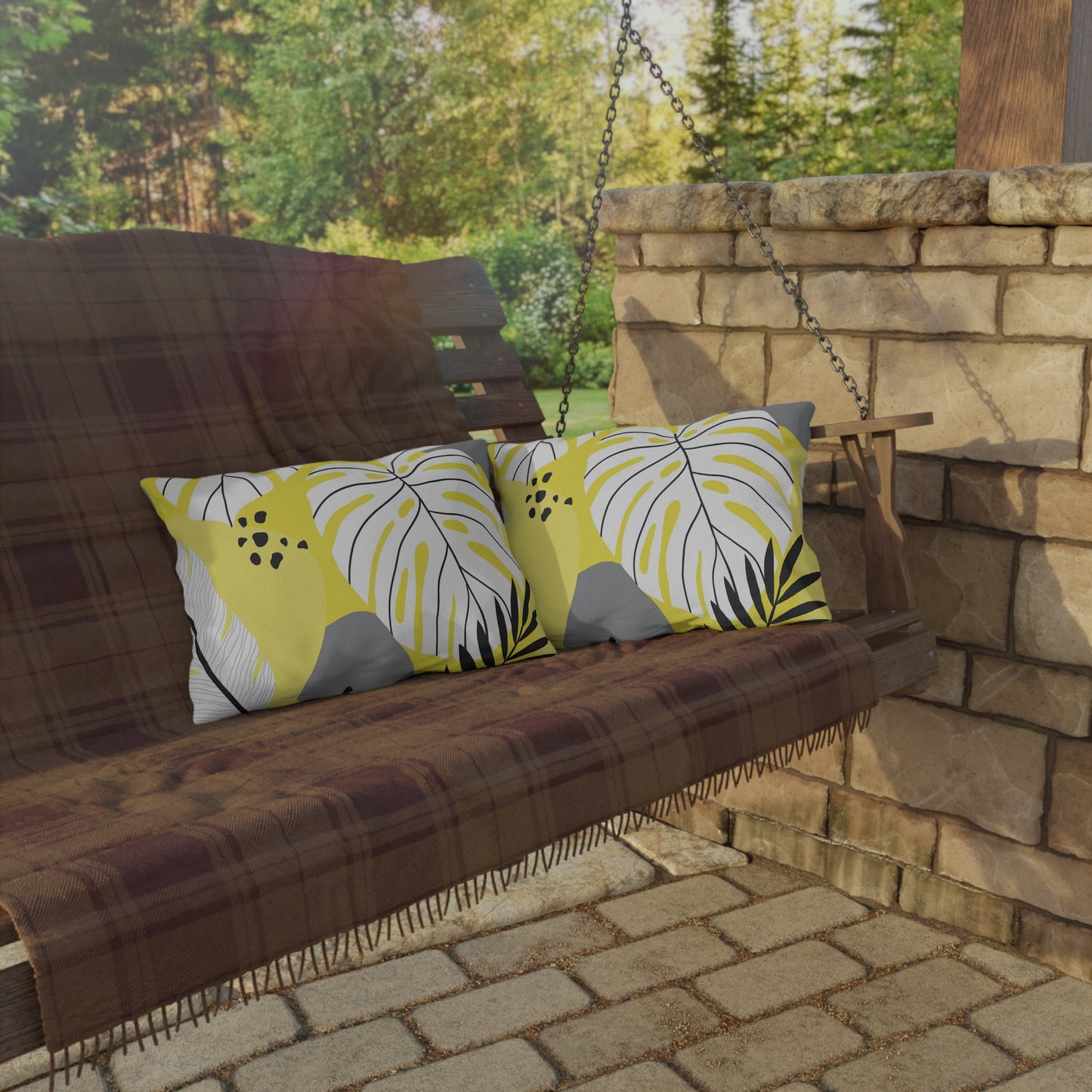 Yellow and White Palm Leaf Flora - Outdoor Throw Pillow