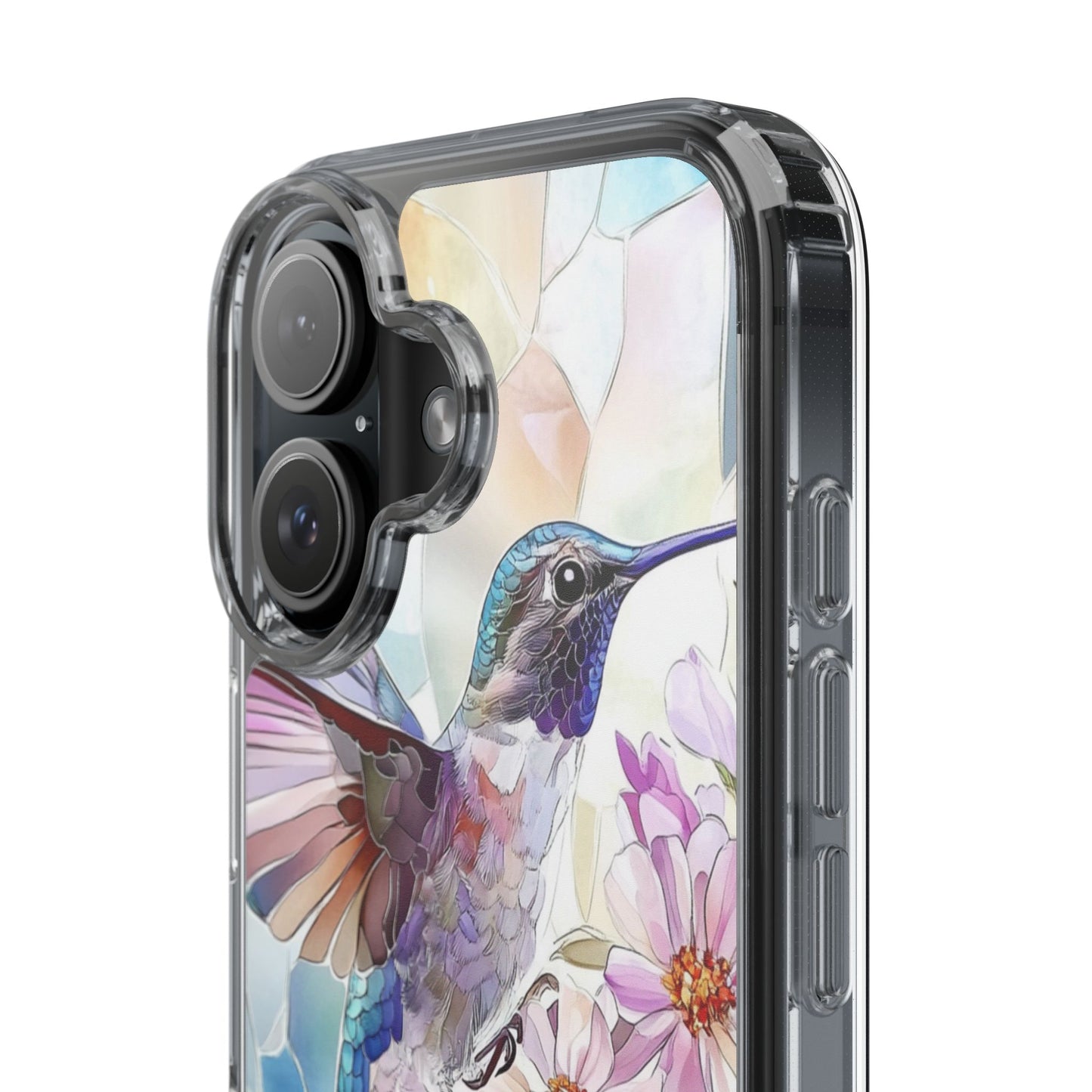 Clear Hummingbird Phone Case - Floral Stained Glass Design, Wireless Charging Compatible