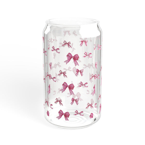 Coquette 16oz Glass Can Cup with Pink Bows, Cute Iced Coffee Cup, Sipper Glass