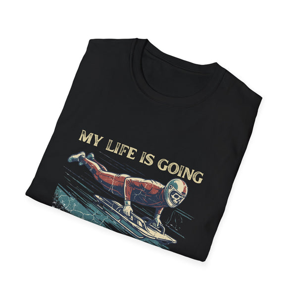“My Life Is Going Downhill Fast" Skeleton Racer T-Shirt | Retro Winter Sports Graphic Tee