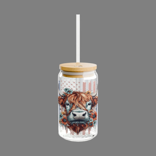 Highland Cow American Flag - 16oz Glass with LId and Straw
