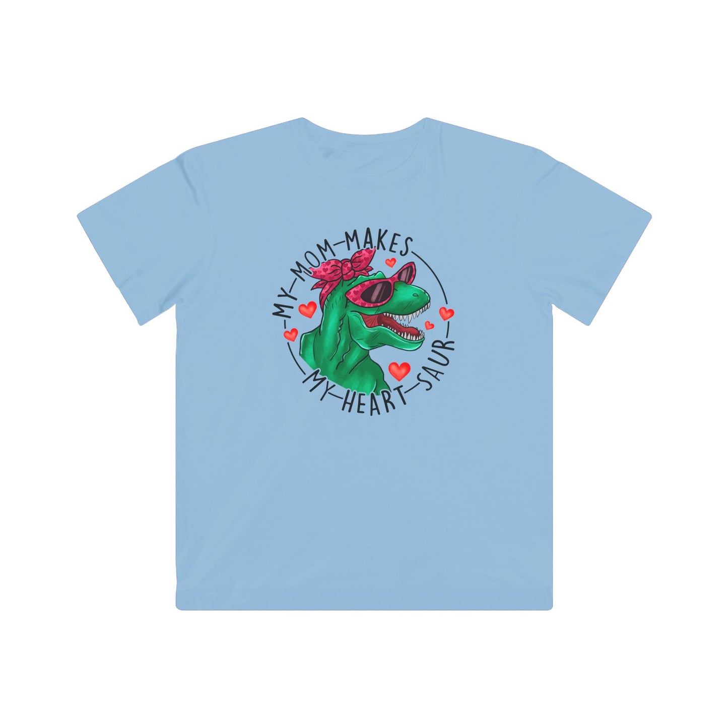 designsXdarren My Mom Makes My Heart Saur Kids Tee - Dinosaur Pun Youth T-Shirt - White Apple Silver Blue Pink