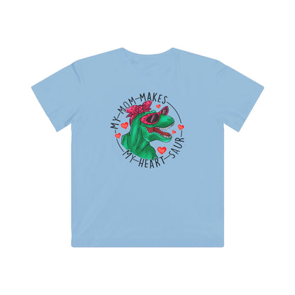 designsXdarren My Mom Makes My Heart Saur Kids Tee - Dinosaur Pun Youth T-Shirt - White Apple Silver Blue Pink