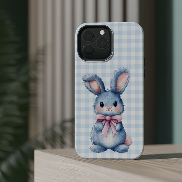 Cute Bunny on Blue Plaid MagSafe iPhone Case