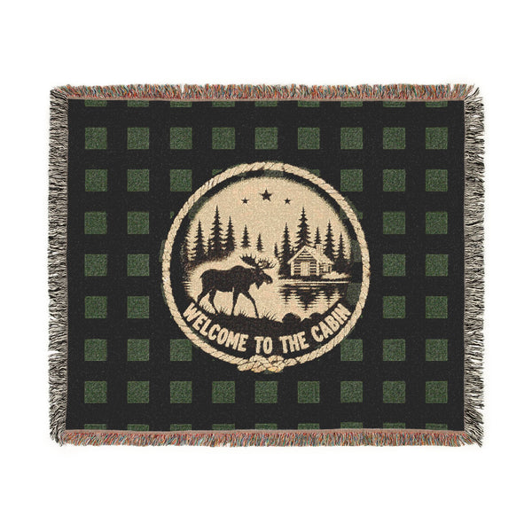 Welcome to the Cabin Woven Blanket | Moose, Log Cabin & Lake Buffalo Plaid Throw | Rustic Lodge Decor | Fall & Winter Gift