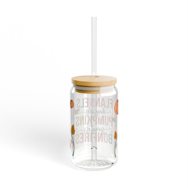Fall Glass Can, Pumpkins 16oz Libbey Glass, Hayride Iced Coffee Cup, Fall Themed, Glass Tumbler Cup with Lid & Straw, Sweater Season