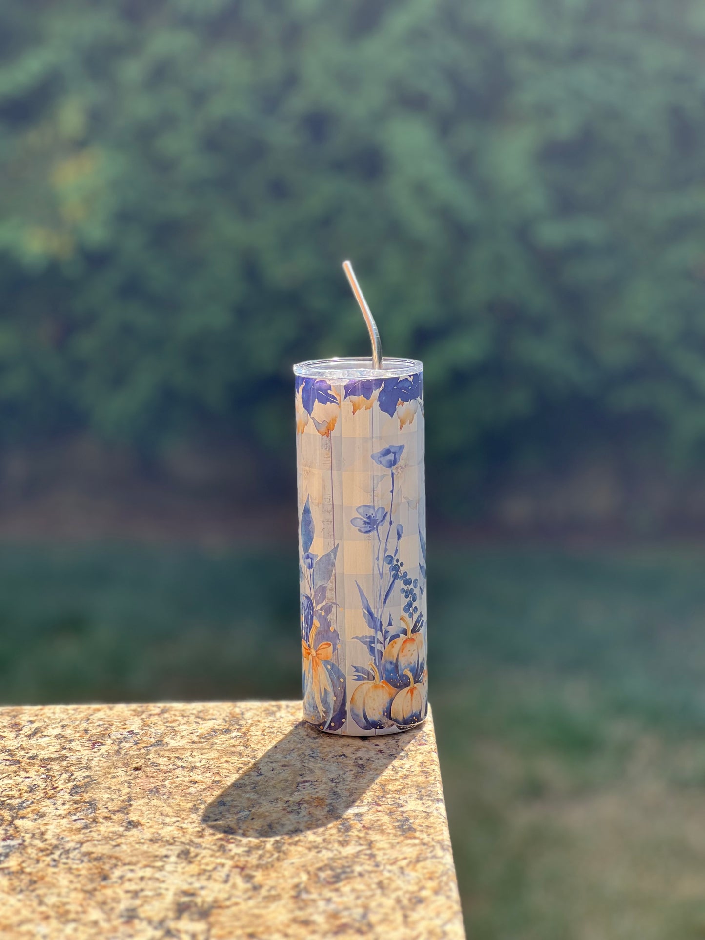 Highland Cow on Blue Flannel 20oz Skinny Tumbler