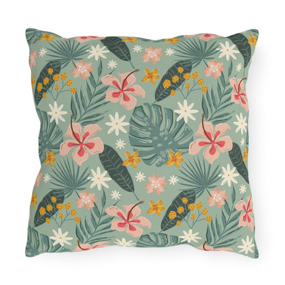 Palm Leaf & Hibiscus - Outdoor Throw Pillow