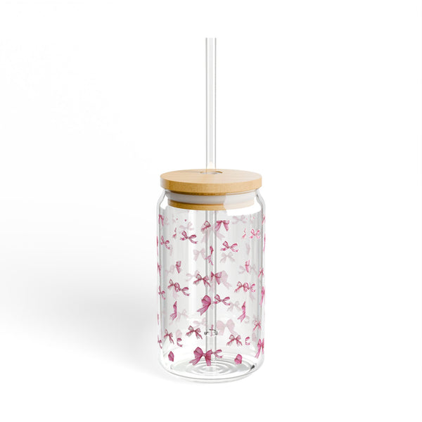 Coquette 16oz Glass Can Cup with Pink Bows, Cute Iced Coffee Cup, Sipper Glass