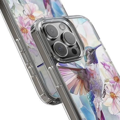 Clear Hummingbird Phone Case - Floral Stained Glass Design, Wireless Charging Compatible