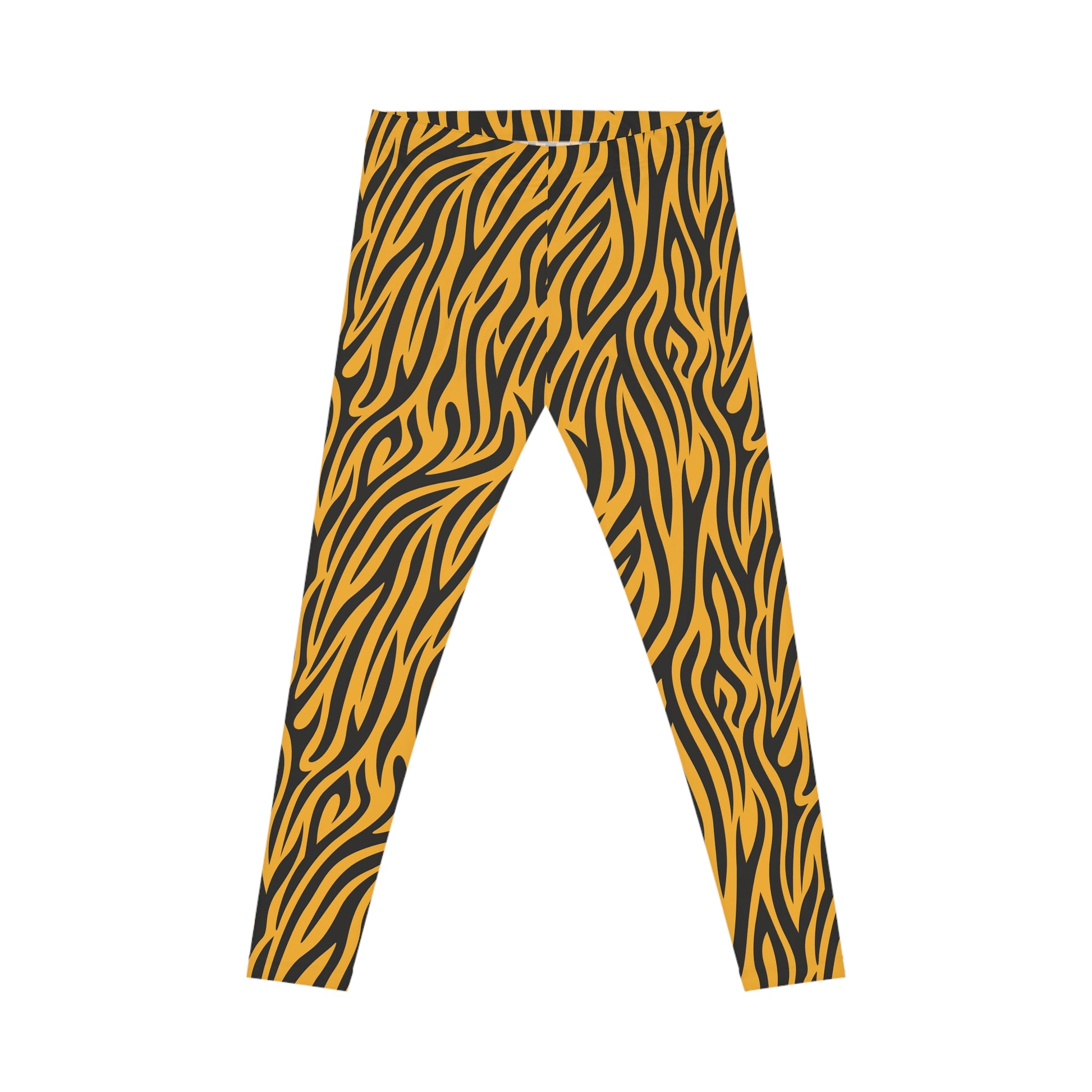 Front view of casual leggings featuring a bold tiger stripe pattern with black wavy stripes on a vibrant orange background. The fabric has a smooth, silky texture.