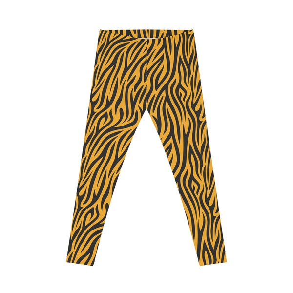 Front view of casual leggings featuring a bold tiger stripe pattern with black wavy stripes on a vibrant orange background. The fabric has a smooth, silky texture.