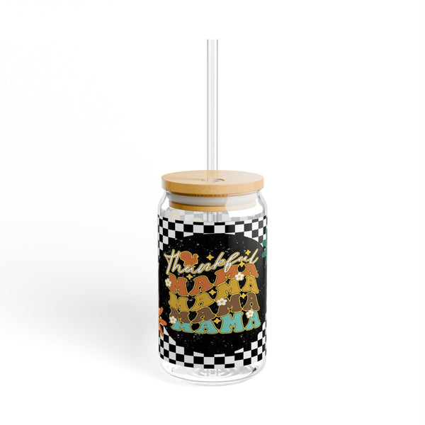 Thankful Mama 16oz Glass, Mama Can Glass, Christmas Gift, Thanksgiving, Glass Jar with Lid and Straw, 16oz Glass Cup, Libbey Cup