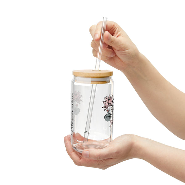 Personalized July Flower 16oz Can Glass - Stylish Sipper with Bamboo Lid and Straw