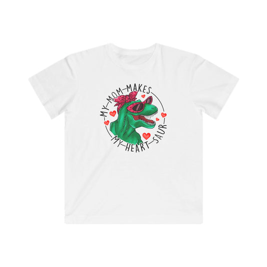 designsXdarren My Mom Makes My Heart Saur Kids Tee - Dinosaur Pun Youth T-Shirt - White Apple Silver Blue Pink