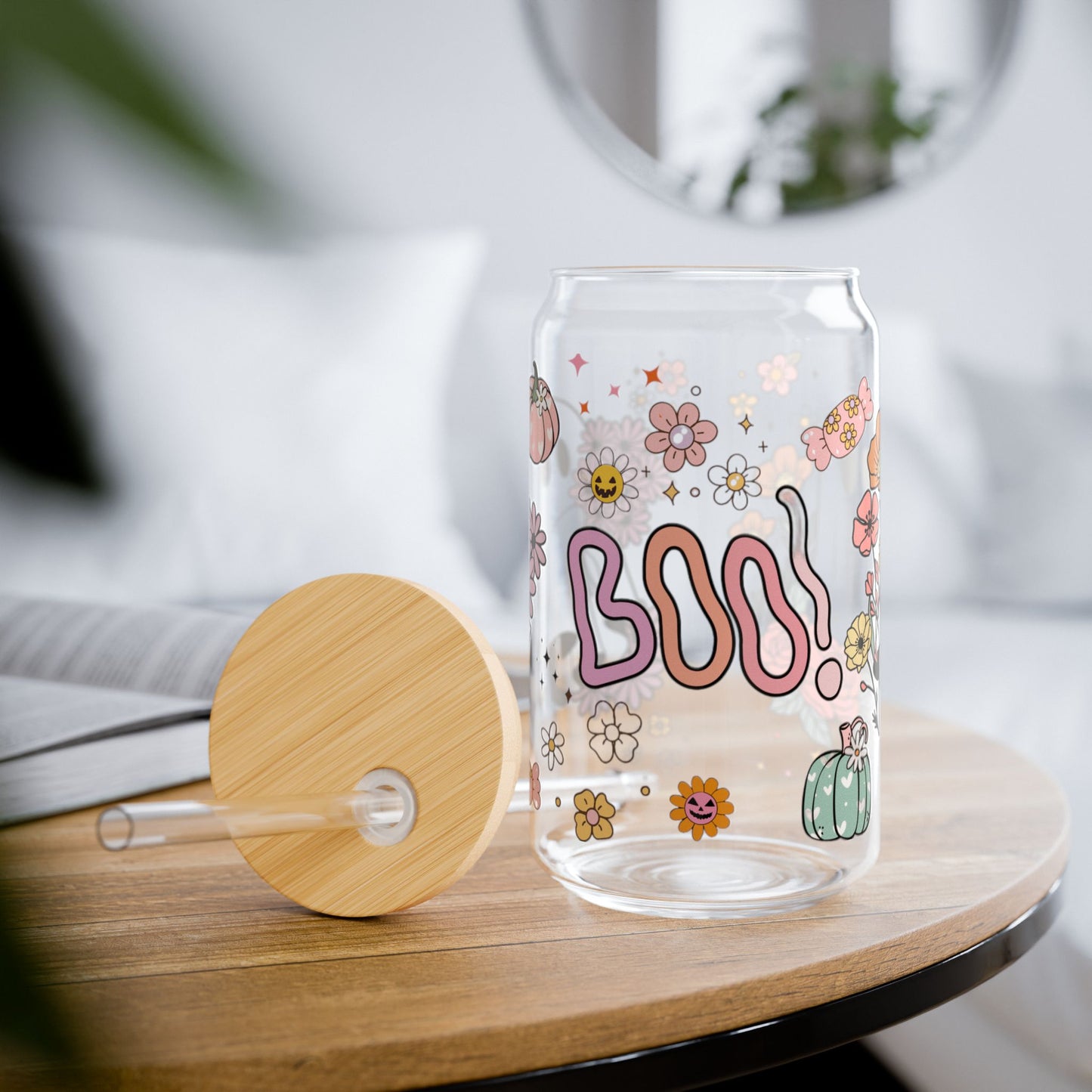 Cute Ghost Halloween - 16oz Glass with Lid and Straw