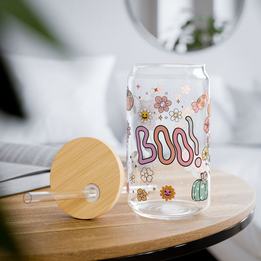 Cute Ghost Halloween - 16oz Glass with Lid and Straw