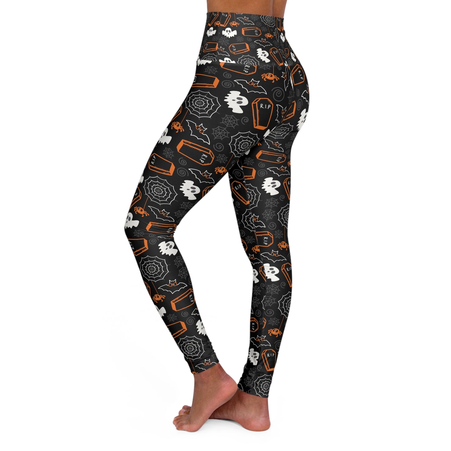 Spooky Season High Waisted Yoga Leggings – Cute Ghost, Bat & Coffin Print