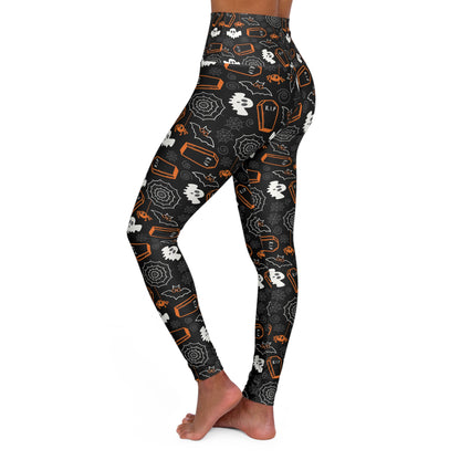 Spooky Season High Waisted Yoga Leggings – Cute Ghost, Bat & Coffin Print