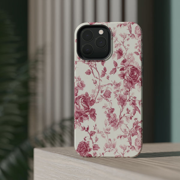 Pink Floral MagSafe iPhone Case, Toile de Jouy Design, Compatible with iPhone 13 to 16, Elegant Pink Flower Design, Slim Protective Case