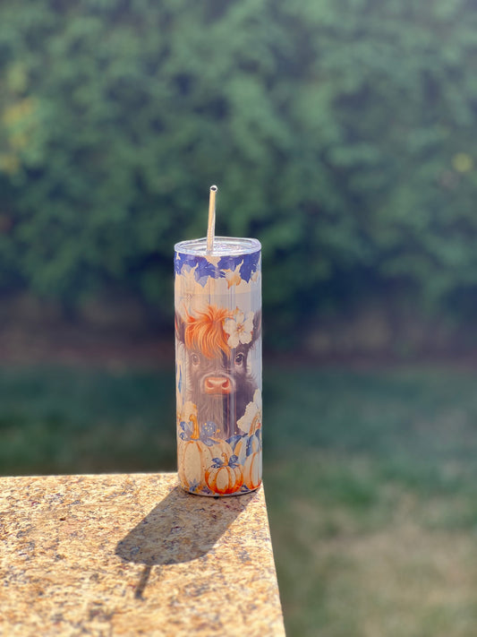 Highland Cow on Blue Flannel 20oz Skinny Tumbler