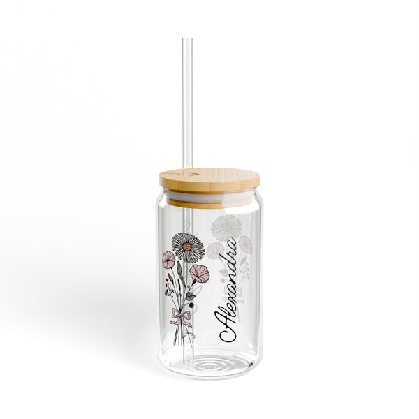 Personalized October Flower 16oz Can Glass - Stylish Sipper with Bamboo Lid and Straw