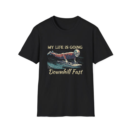 “My Life Is Going Downhill Fast" Skeleton Racer T-Shirt | Retro Winter Sports Graphic Tee