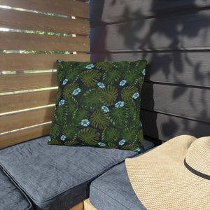 outdoor pillow with green and blue botanical floral print