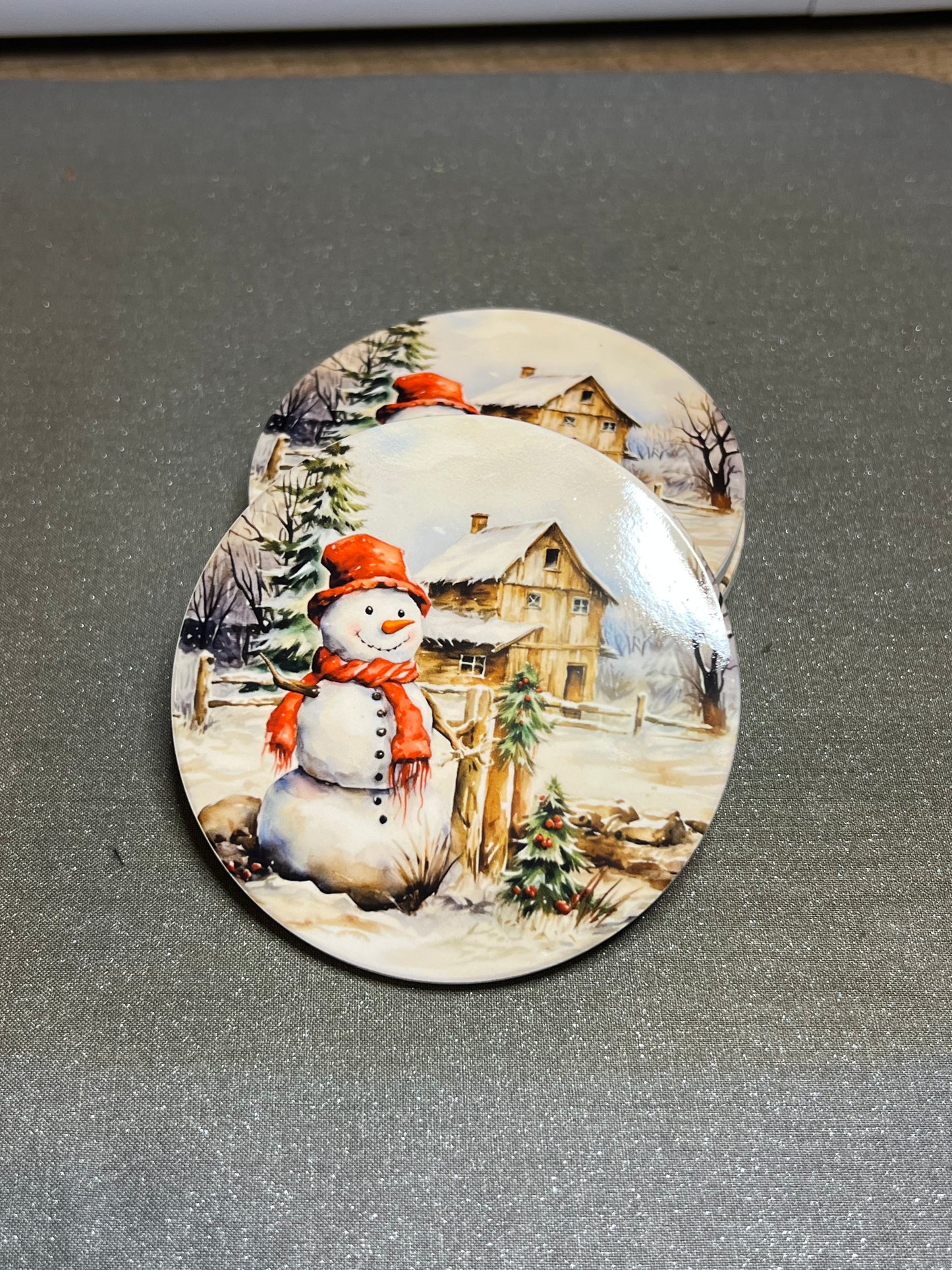 Christmas Snowman Coasters Set | 4” Ceramic Holiday Table Accents