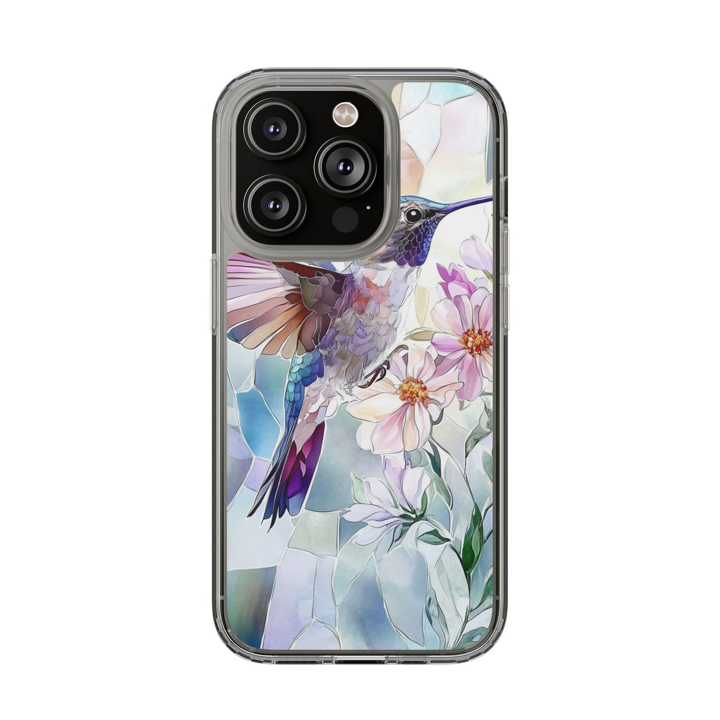 Clear Hummingbird Phone Case - Floral Stained Glass Design, Wireless Charging Compatible