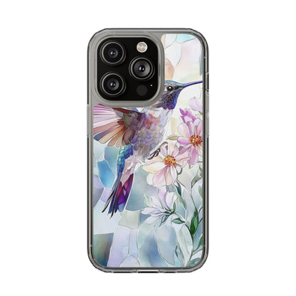 Clear Hummingbird Phone Case - Floral Stained Glass Design, Wireless Charging Compatible