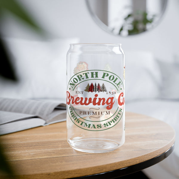 Christmas 16oz Glass, Christmas Brewing Can Glass, Christmas Gift, North Pole, Glass Jar with Lid and Straw, 16oz Glass Cup, Libbey Cup