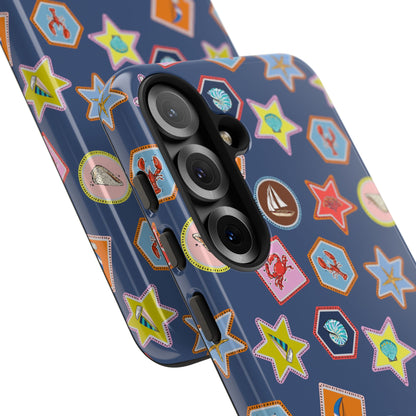 Lobsters Sailboats and Seashells on Navy Blue Phone Case