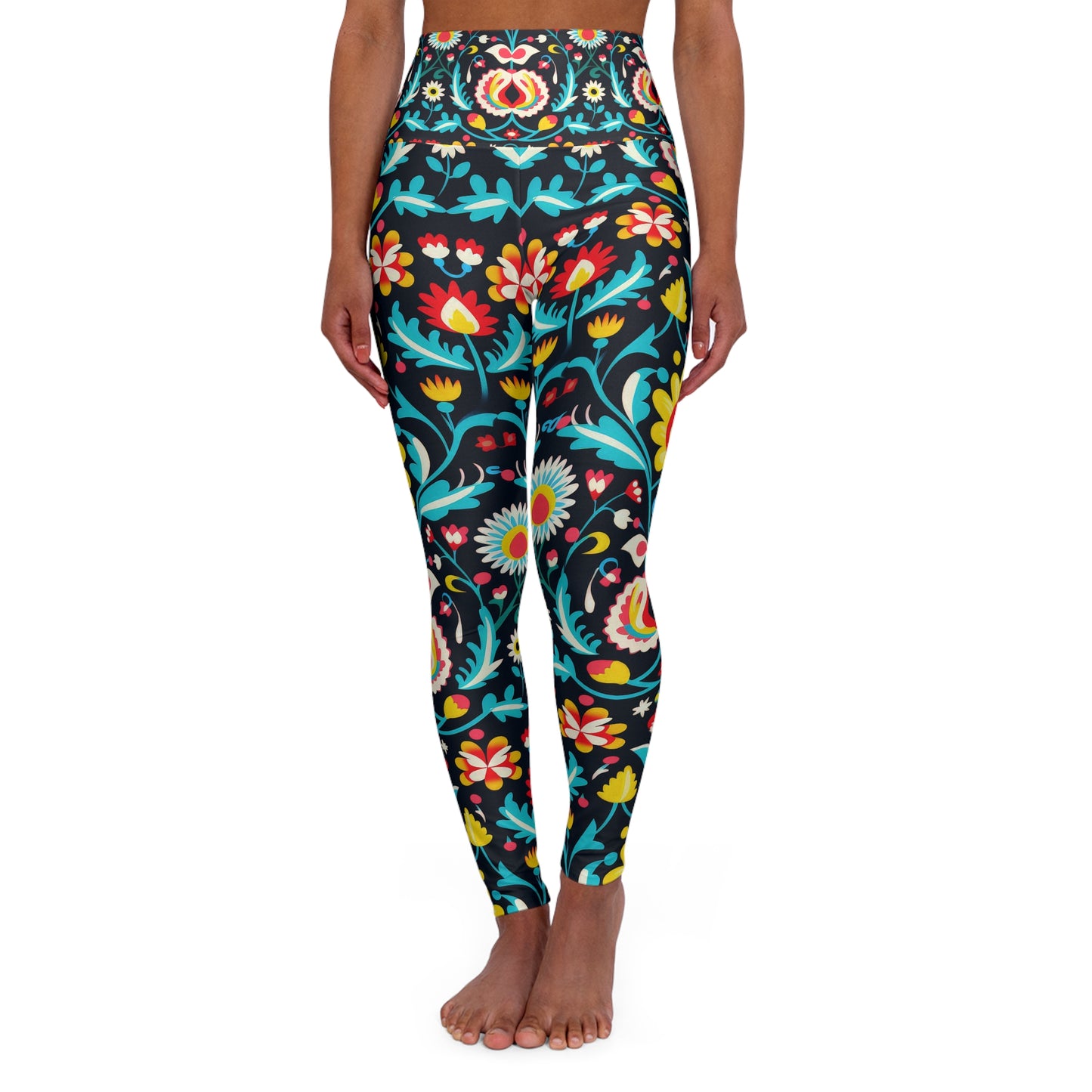 Midnight Folk Art High Waisted Leggings – Vibrant Boho Floral Print